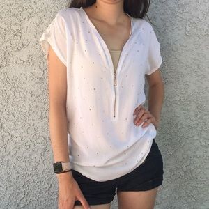 C-Mode Gold Stud Lace Floral White Blouse Shirt